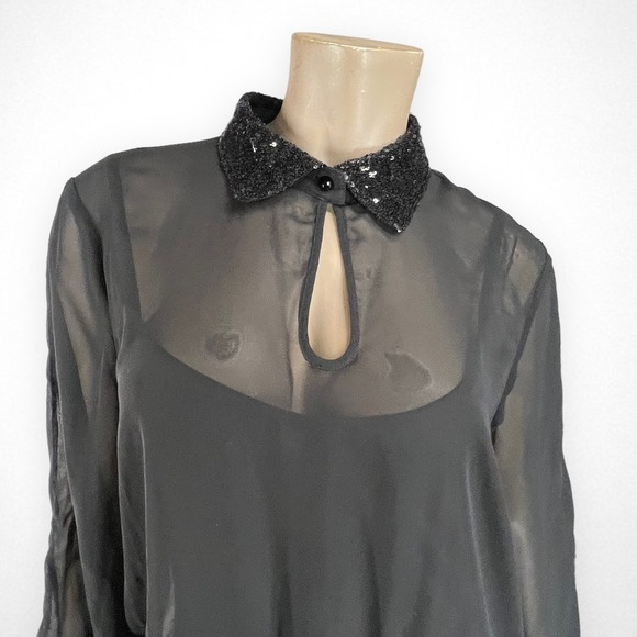 BISOU BISOU Sequin Collar Long Sleeve Blouson Black Dress 12 - Picture 5 of 8